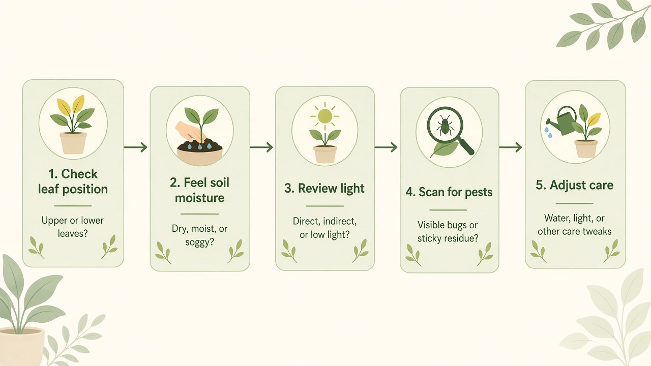 Five-step flowchart: check leaf position, feel soil moisture, review light, scan for pests, adjust care