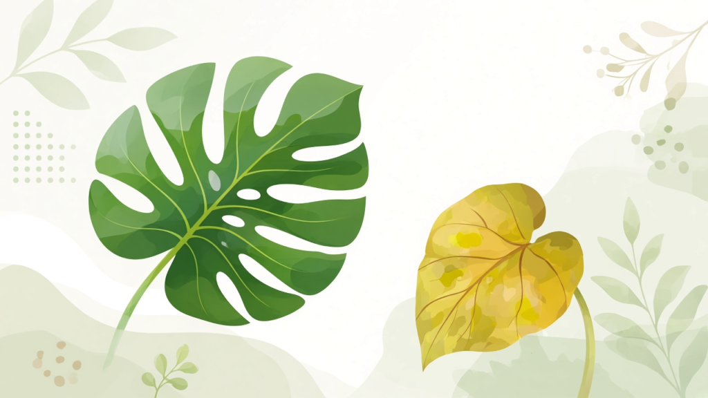 Healthy green Monstera leaf next to a yellowing houseplant leaf