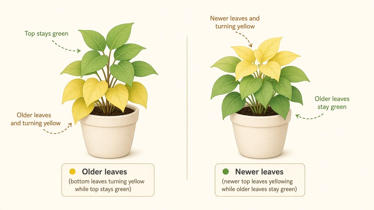 Diagram comparing older bottom leaves yellowing versus newer top leaves yellowing on houseplants