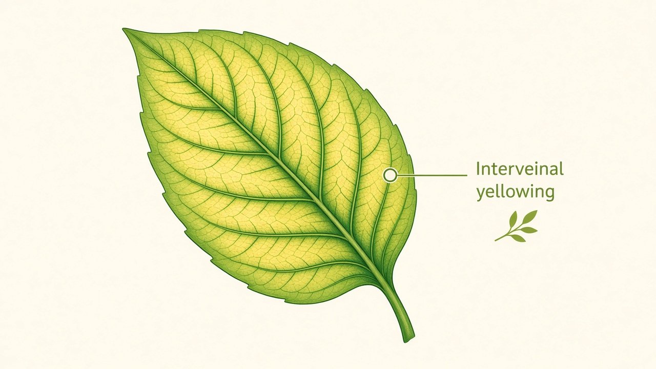 Houseplant leaf showing interveinal yellowing with green veins