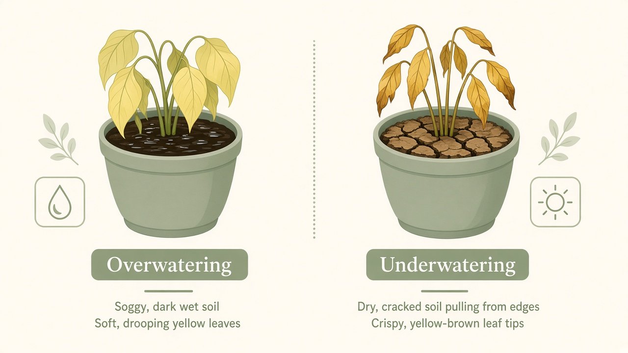 Side-by-side comparison of overwatering soggy soil soft yellow leaves versus underwatering dry cracked soil crispy tips