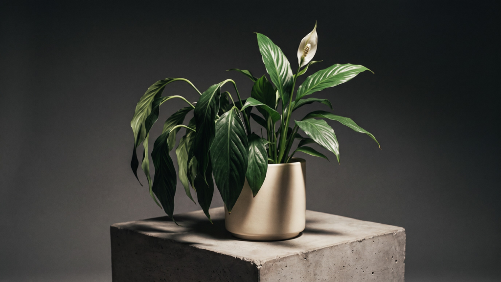 Calm educational scene of a peace lily with gently drooping leaves beside upright foliage