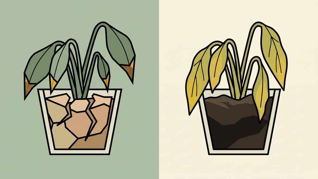 Side-by-side comparison of underwatering dry-soil droop versus overwatering soggy-soil droop on peace lilies