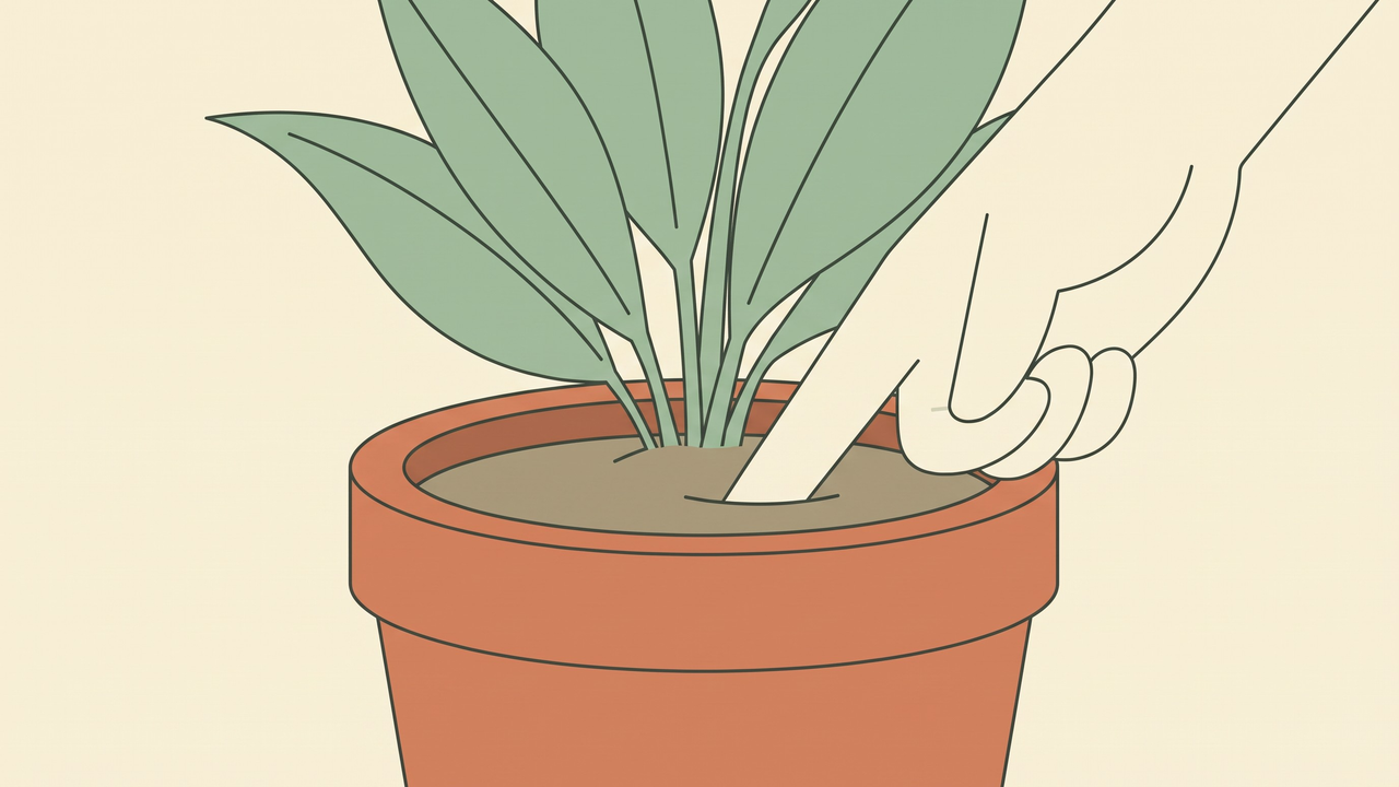 Educational diagram of checking peace lily soil moisture with a finger at depth