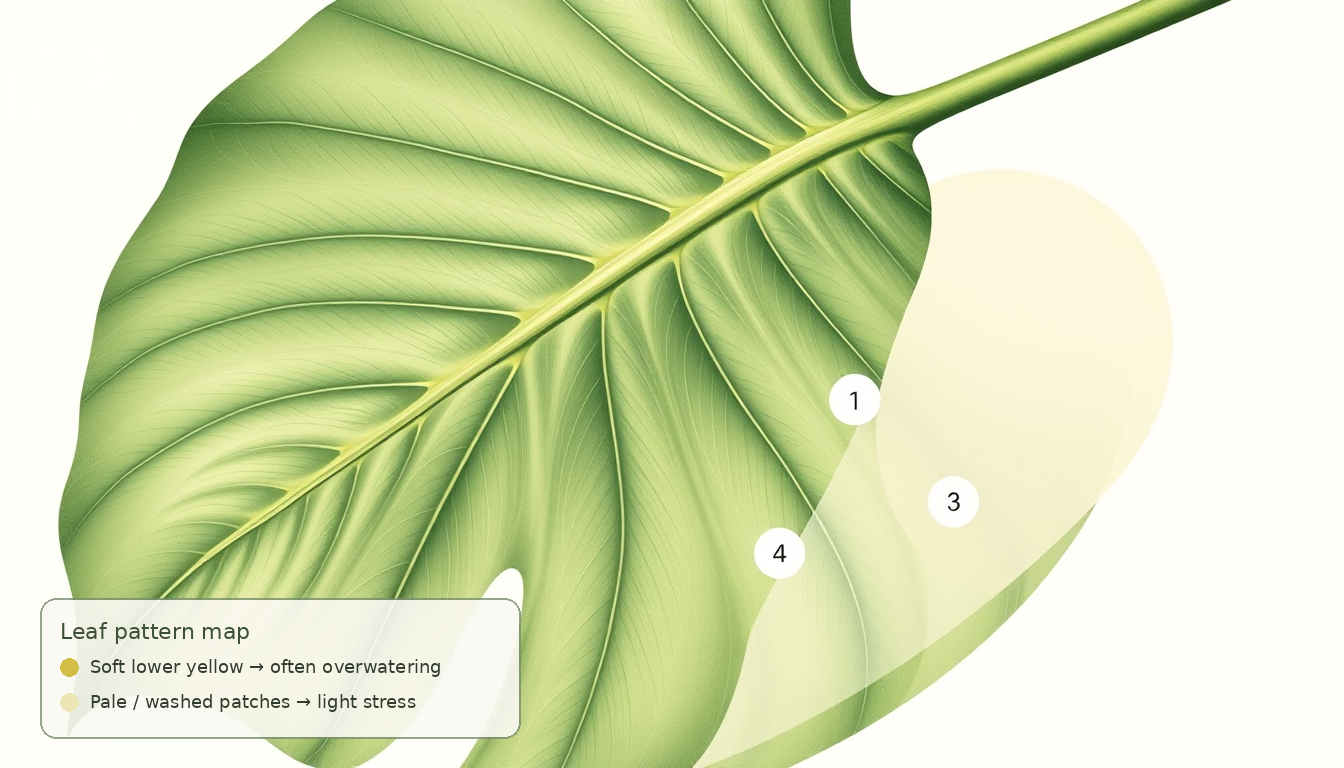 Educational Monstera leaf pattern map showing overwatering zones versus light-stress zones