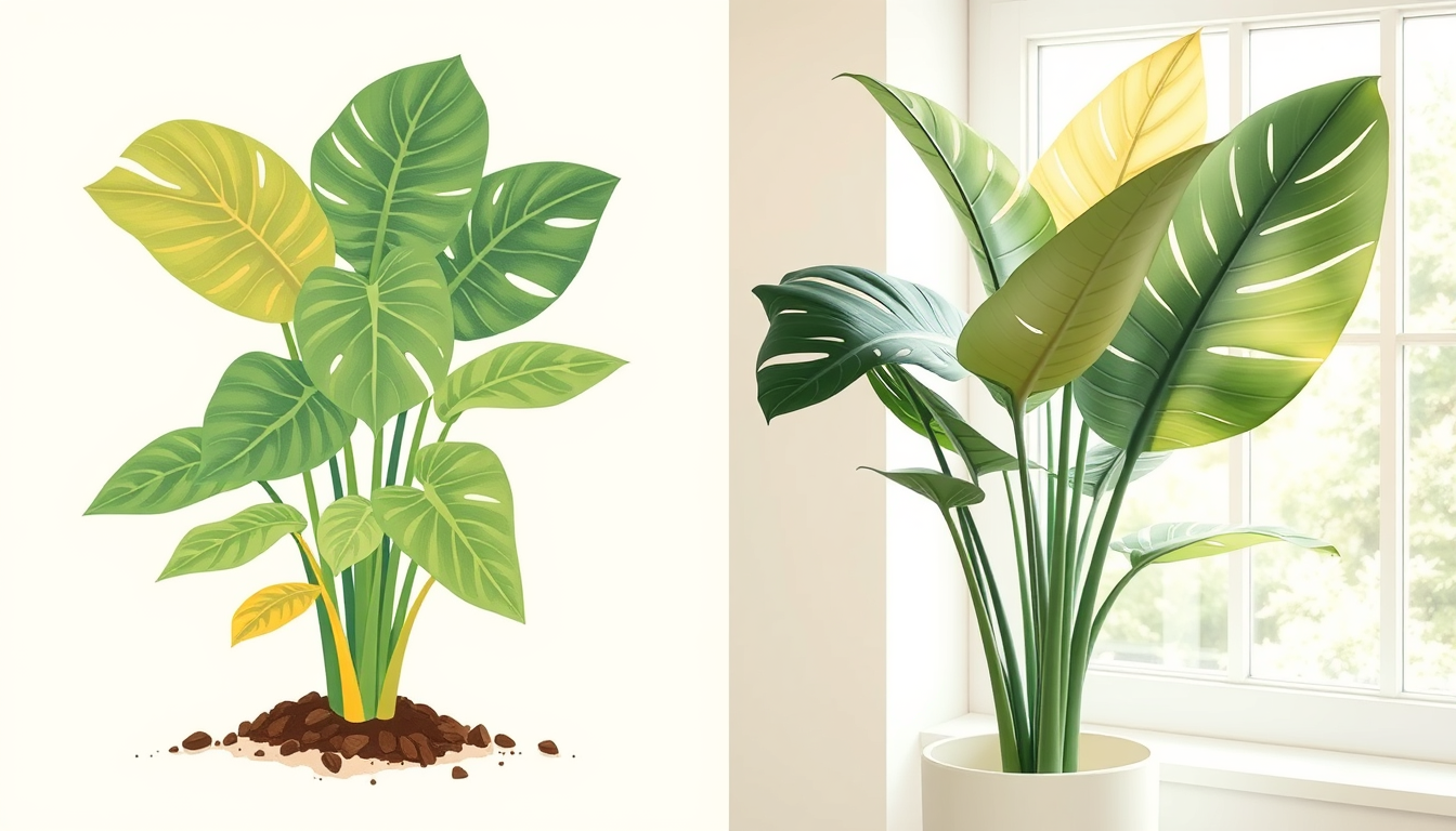 Side-by-side educational comparison of Monstera overwatering yellowing versus light-stress yellowing
