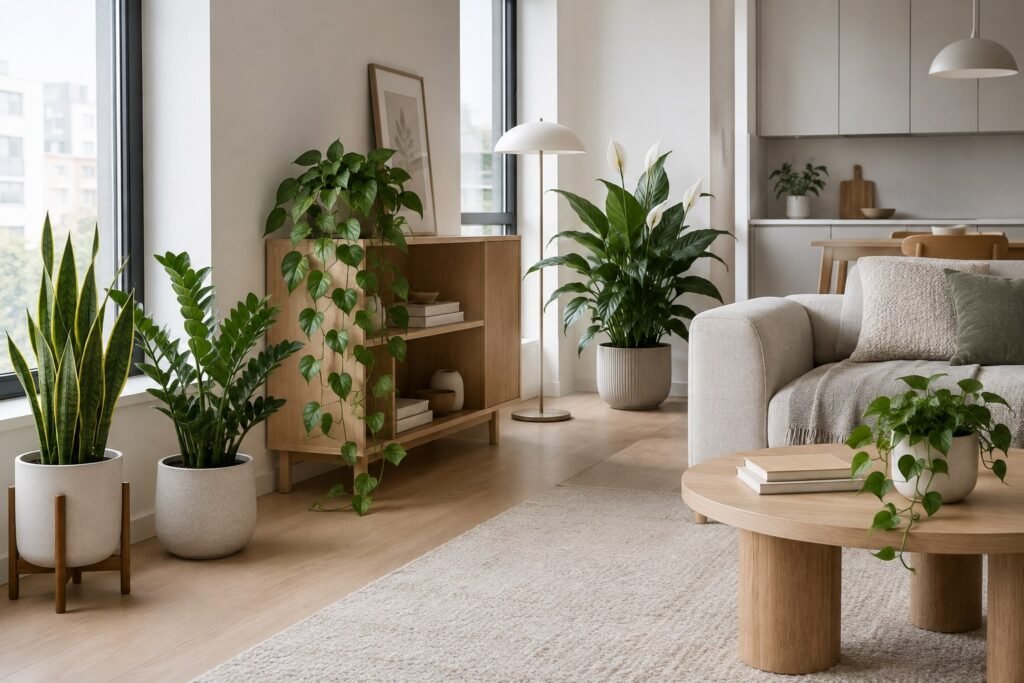 Low-light indoor plants styled in a minimalist apartment