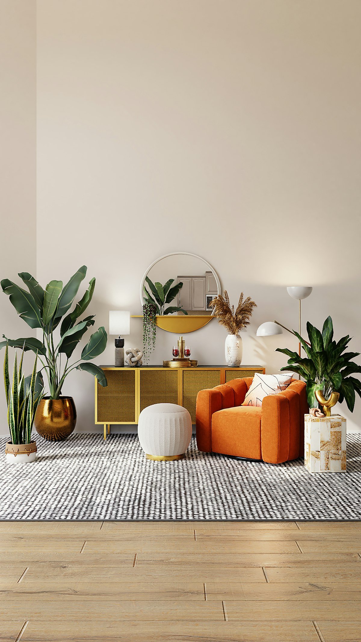 Bright living room with indoor plants for home styling around an orange armchair and rug