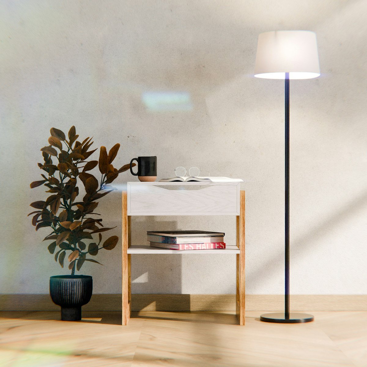 Burgundy rubber plant beside a side table and floor lamp as balanced indoor plant decor