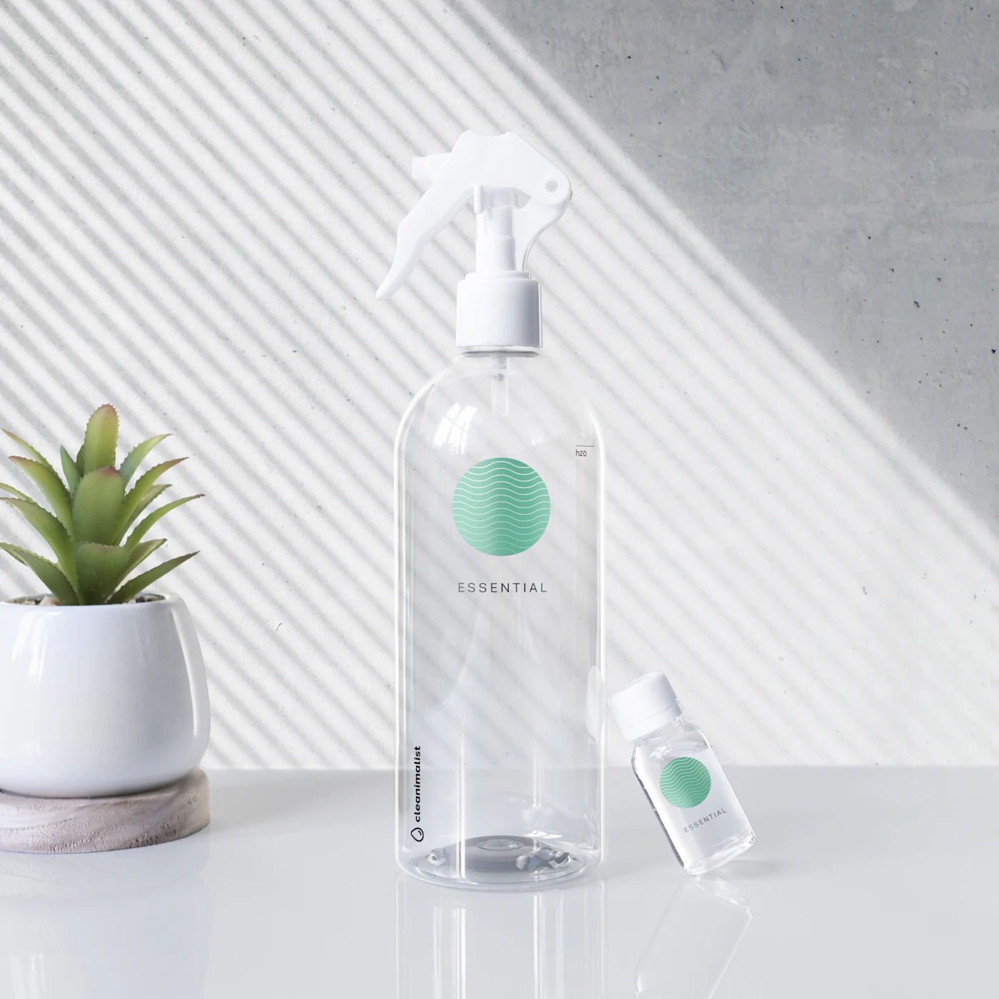 Spot test a soap spray on one houseplant leaf Clear spray bottle next to a small potted plant, ready for an insecticidal soap spot test on houseplant leaves