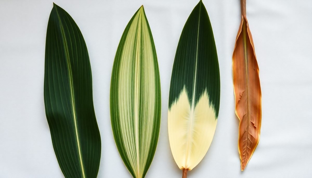 Four snake plant leaves side by side: healthy green, pale, yellowing from the base, dried brown