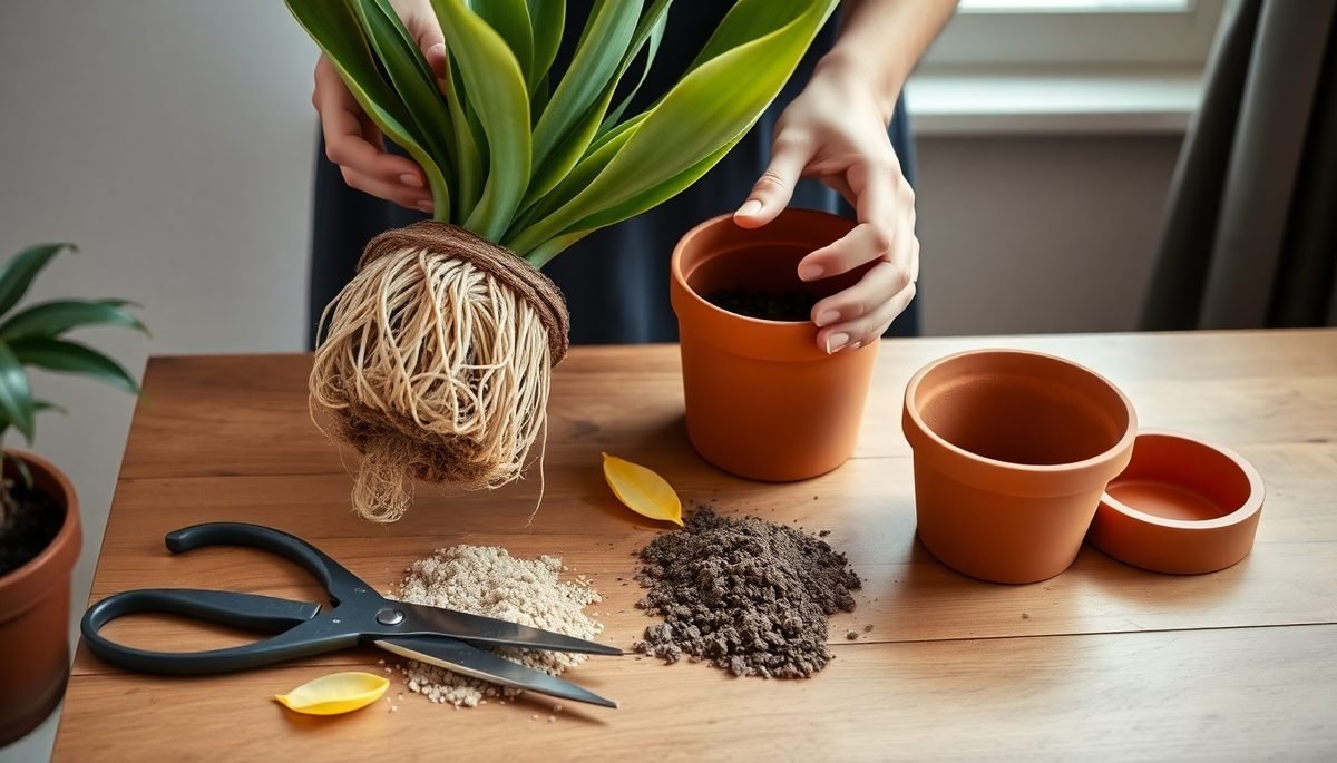 Hands lifting a snake plant from its pot to inspect roots during yellow leaf recovery