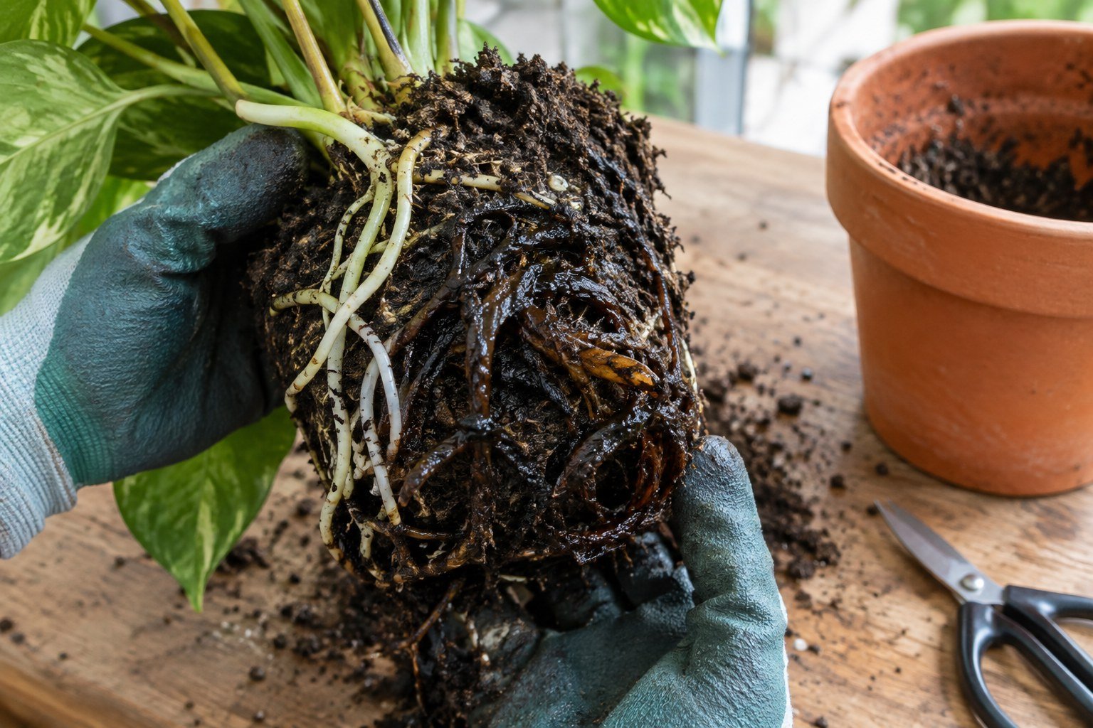 Gloved hands holding a houseplant root ball with dark mushy root rot and a few white roots