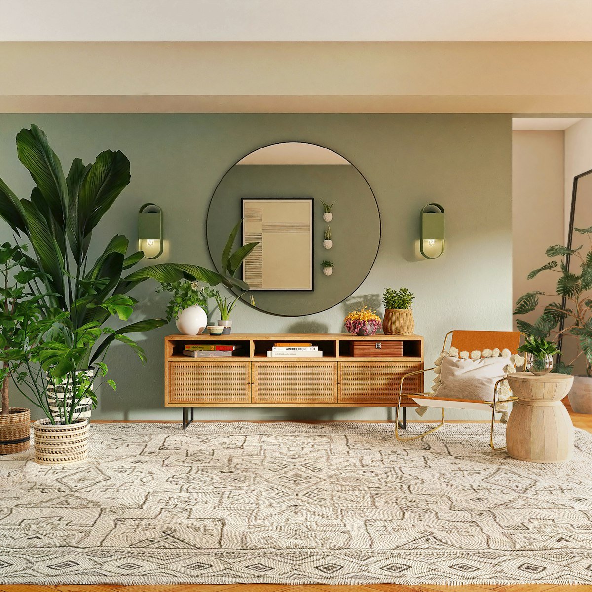 Indoor plant decor in a sage living room with leafy plants, round mirror and wooden console