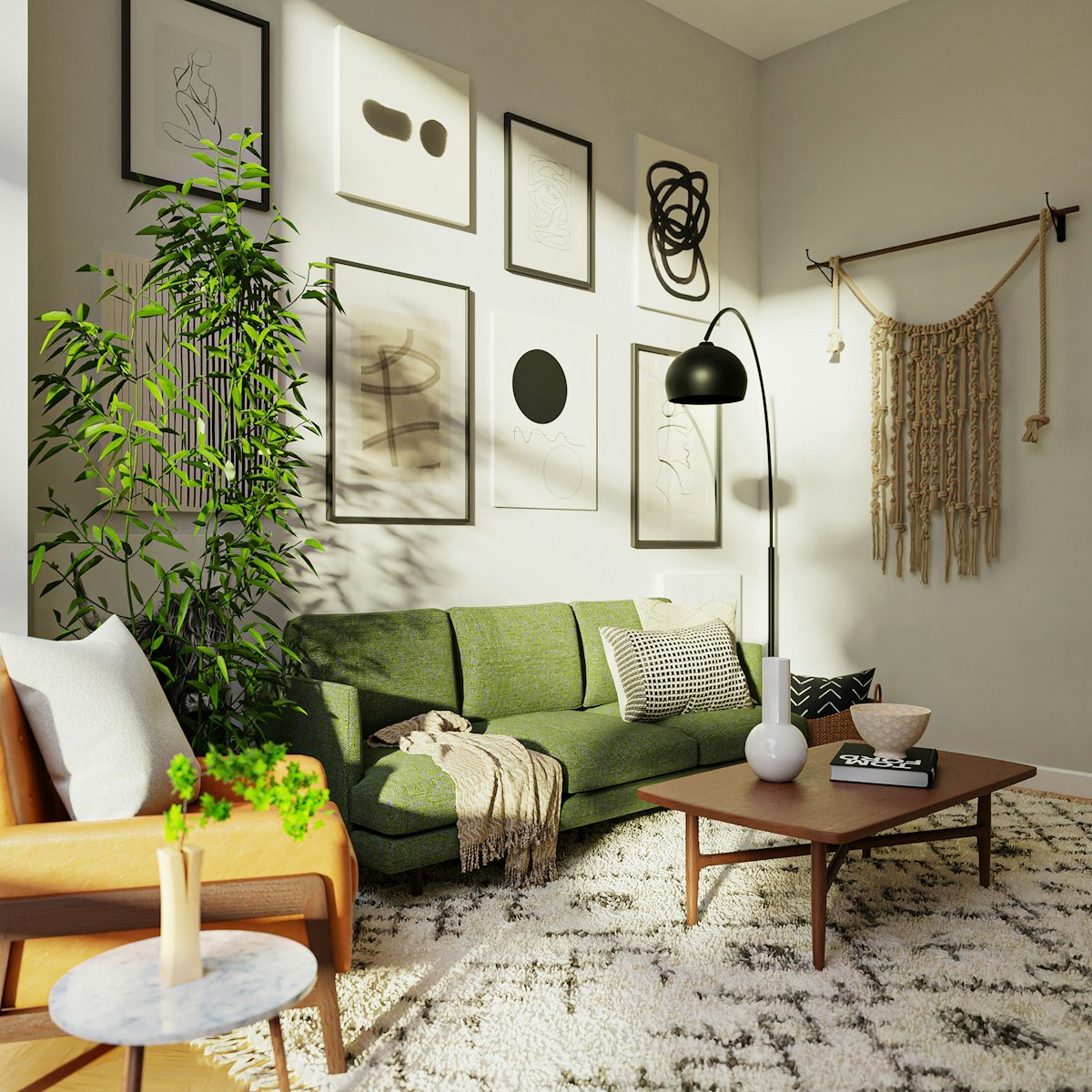 Living room plant decor with a tall leafy plant beside a green sofa and gallery wall