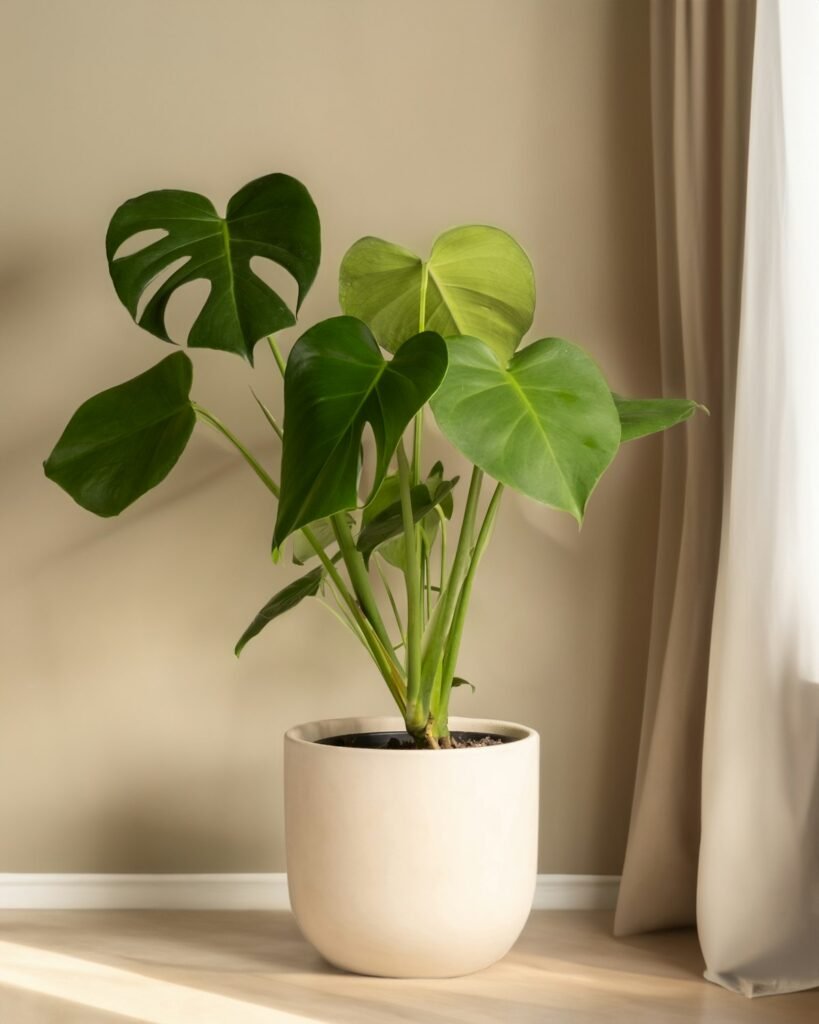Monstera in a cream pot beside a sheer curtain, a classic choice among modern indoor plants