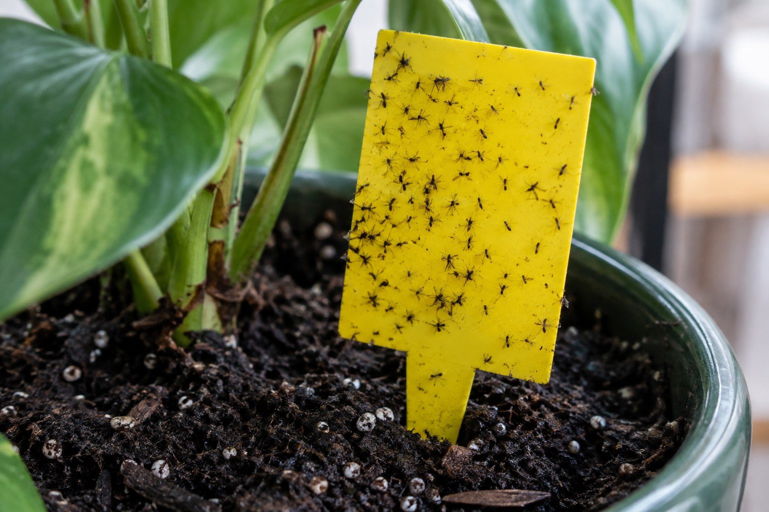 Yellow sticky trap in damp houseplant soil covered with small dark fungus gnats